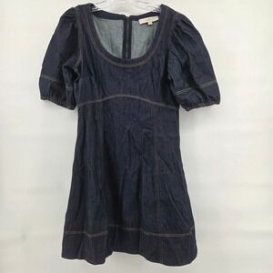 LOFT Dress 4 Blue Dark Denim Puff Sleeve Square Neck Mini Office Casual Western‎